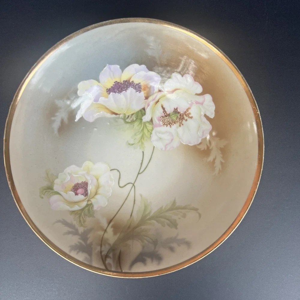 Antique RS Germany 3 Crown Berry Bowl 8 Pc Set Raised Enamel Poppy Floral Gold